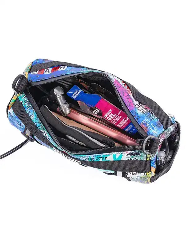 Colorful cycling seat bag with energy gel, pump, and tools inside, perfect for bike rides
