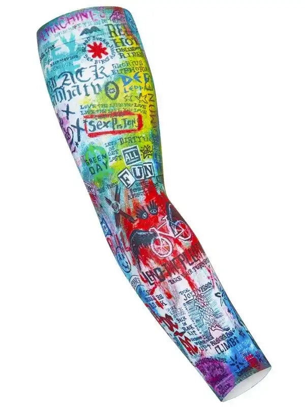 Colorful graffiti-style cycling arm sleeve with band names and bike graphics for men's and women's rides
