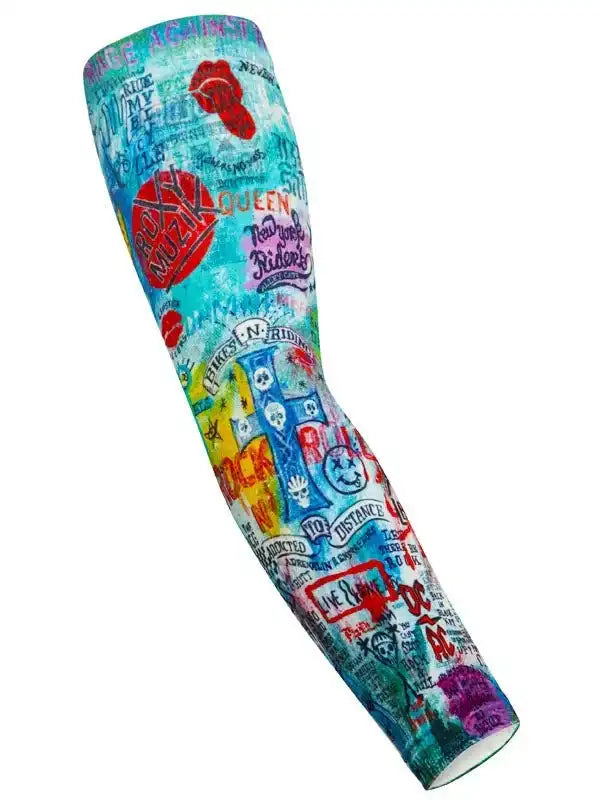 Colorful cycling arm sleeve with rock band graphics and bold text designs for men and women