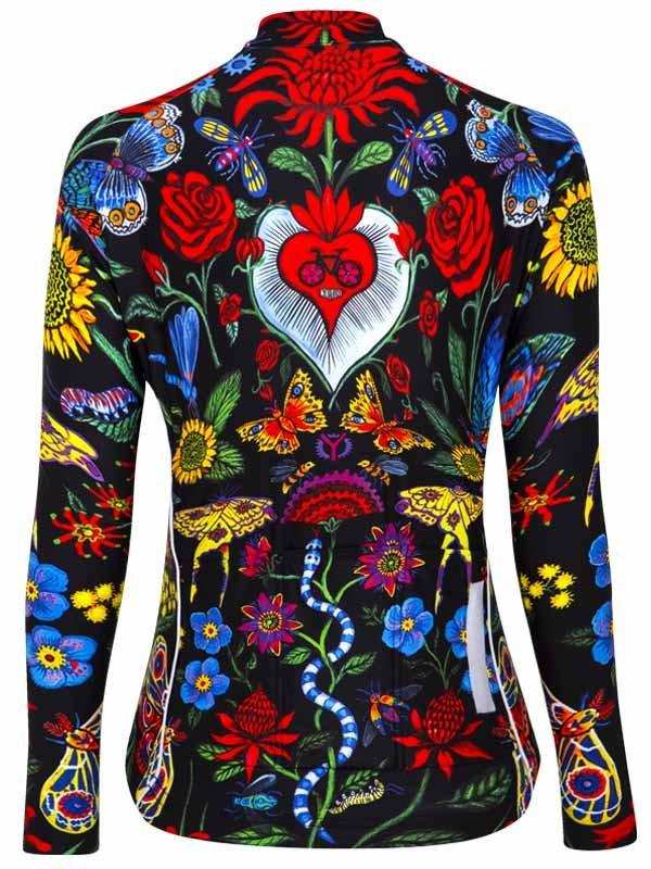 Women's cycling jersey with vibrant floral and butterfly print, featuring heart design with bike motif on black background
