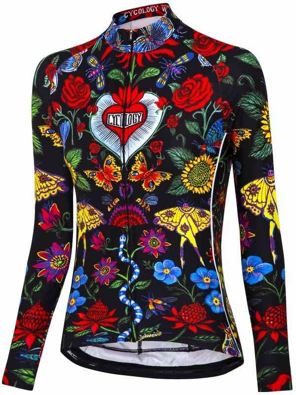 Women's long sleeve cycling jersey with vibrant floral and butterfly print, full zip front, black base