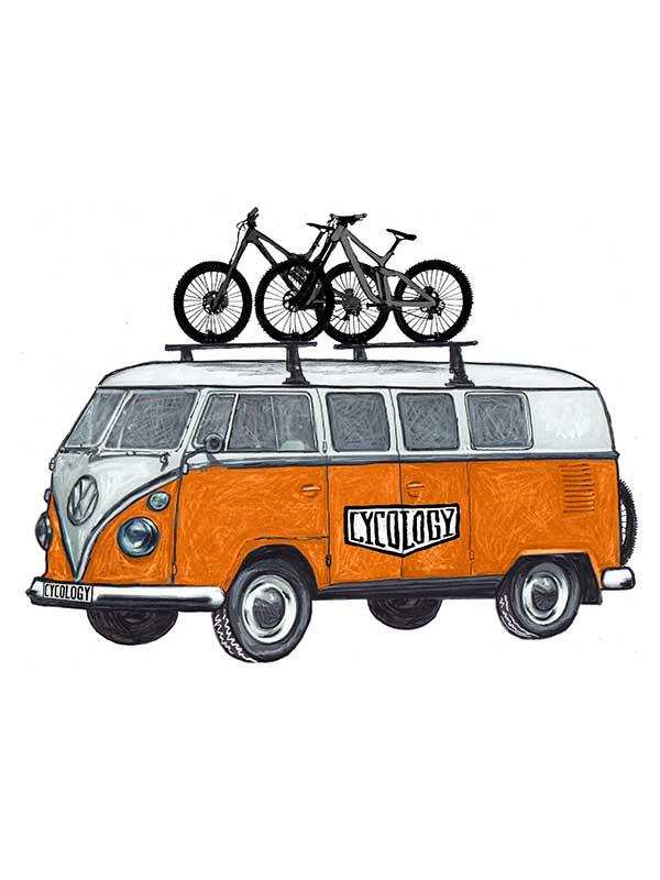 Orange and white van with 'Cycology' logo, carrying two mountain bikes on roof rack