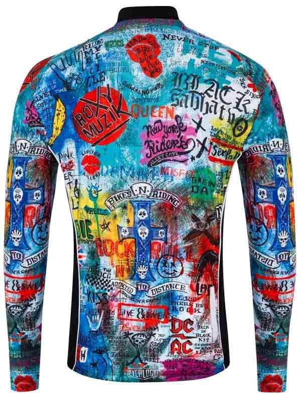 Men's long sleeve cycling jersey with vibrant rock band graphic print, ideal for road biking and MTB adventures.