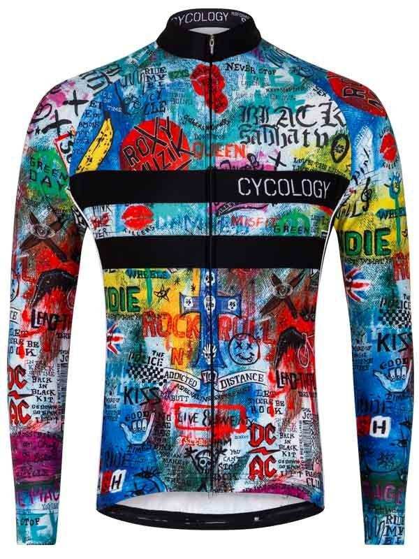 Colorful rock band print long sleeve cycling jersey with full zip and black accents