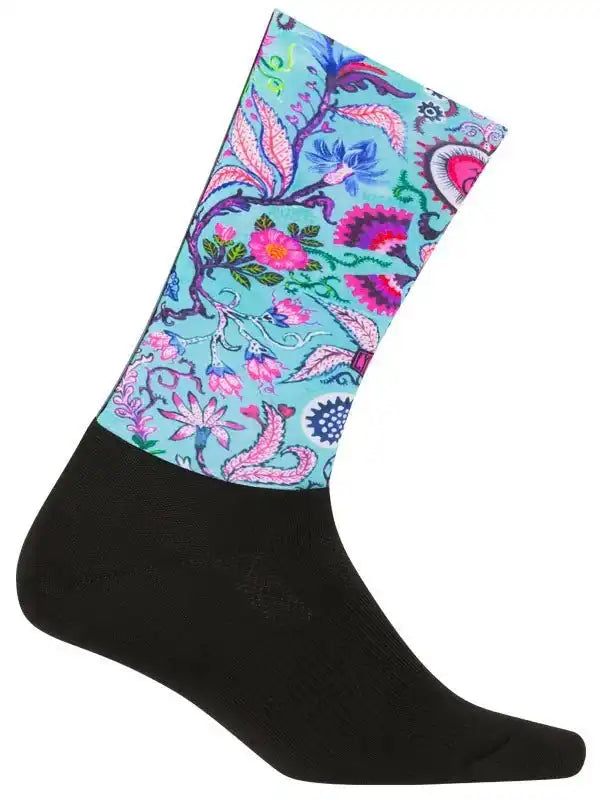 Colorful floral cycling sock with black foot, vibrant paisley design for men's and women's bike rides