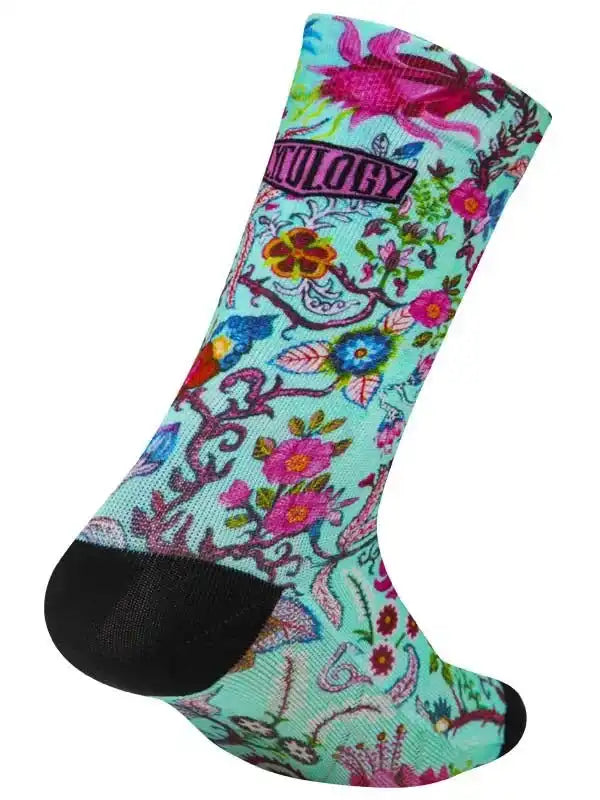 Colorful floral cycling sock with black toe, vibrant design for men's and women's bike rides