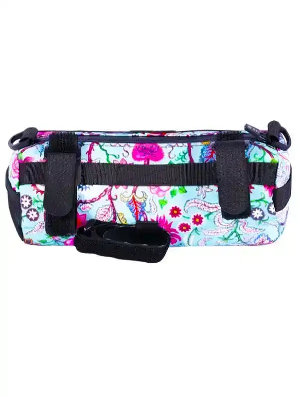 Colorful floral bike frame bag with black straps for cycling gear storage