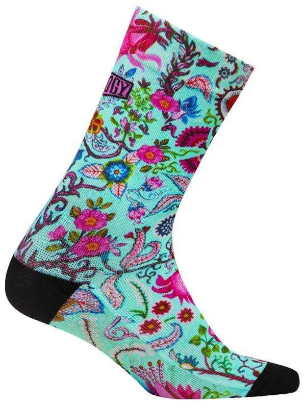 Vibrant floral cycling socks with turquoise base, pink and blue accents, black toe and heel for men and women