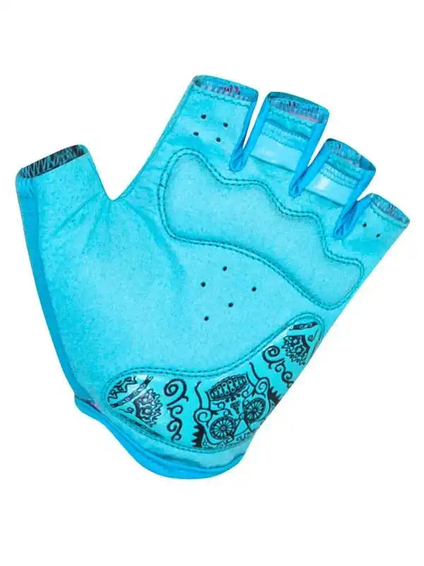 Turquoise fingerless cycling glove with black bike pattern, breathable fabric, padded palm for comfort