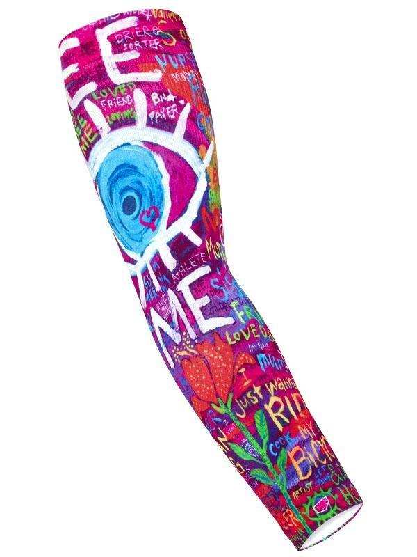 Colorful cycling arm sleeve with vibrant graffiti-style art, eye graphic, and floral designs for women's bike wear