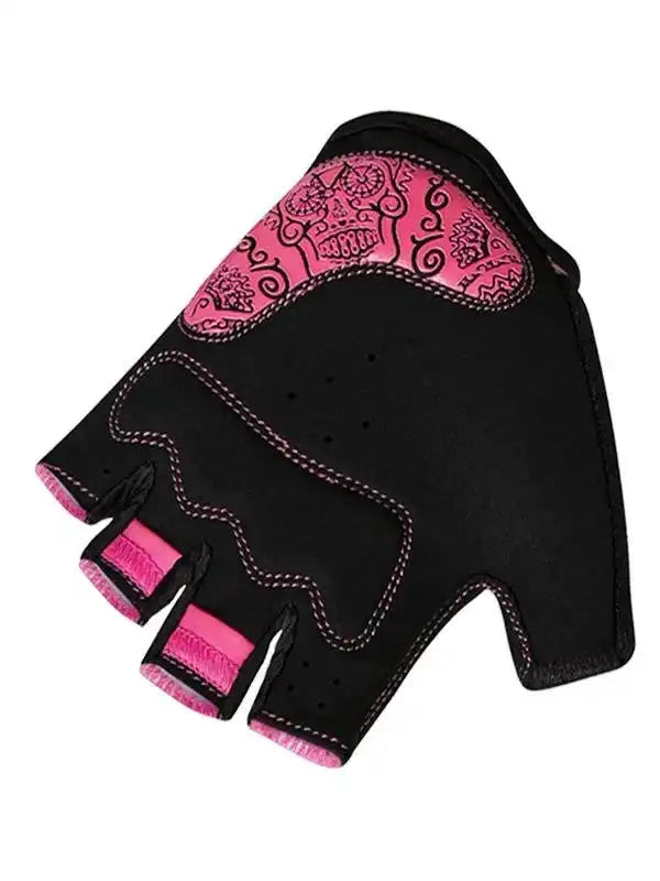 Black and pink fingerless cycling gloves with sugar skull design, breathable fabric, ideal for women's bike rides