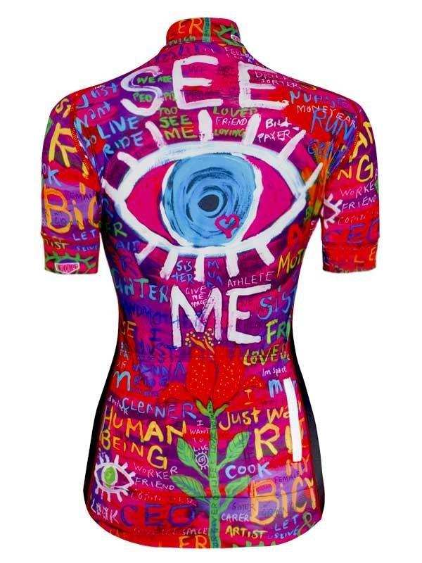 Women's cycling jersey with bold eye graphic and colorful text design, perfect for road or mountain biking.