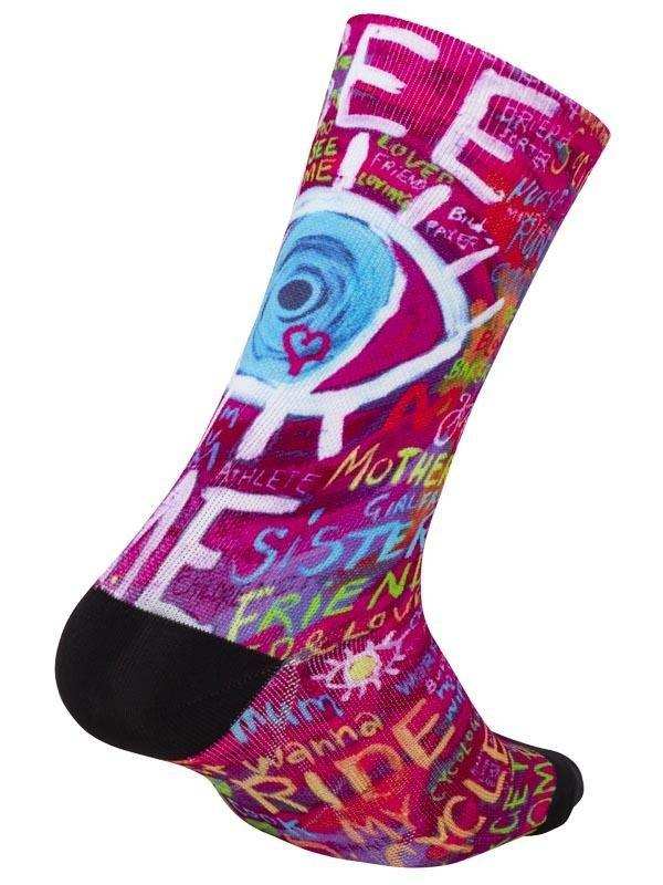Colorful cycling sock with vibrant graffiti-style design, featuring words like 'RIDE' and 'FRIEND' on pink background