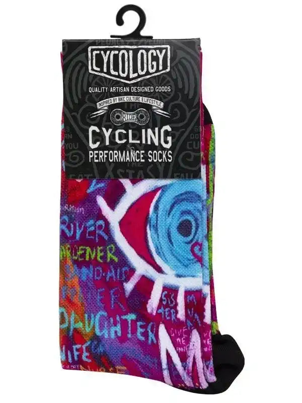 Colorful cycling performance socks with graffiti art design, inspired by bike culture and lifestyle.