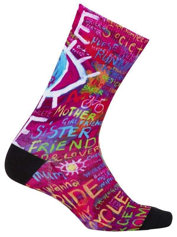 Colorful cycling sock with bold text and bike graphics, perfect for women's cycling apparel
