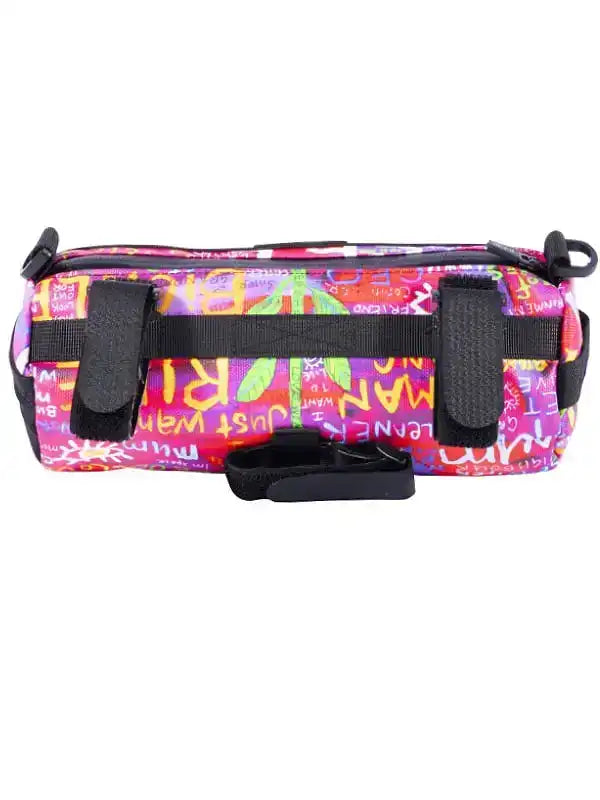 Colorful cycling frame bag with bold graffiti print and black straps for bike storage