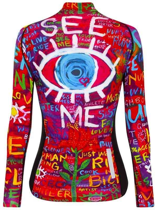 Women's long sleeve cycling jersey with vibrant graffiti art, eye graphic, and bold text design