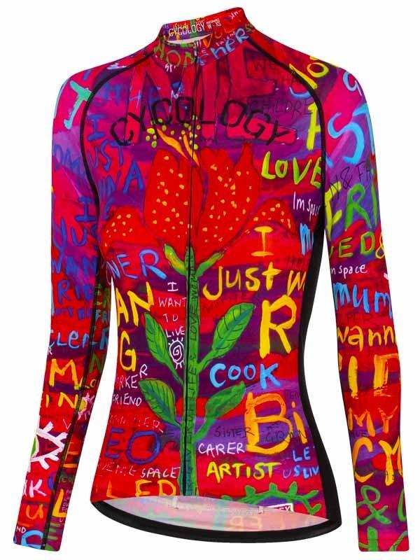 Vibrant women's long sleeve cycling jersey with colorful graffiti-style art and floral design