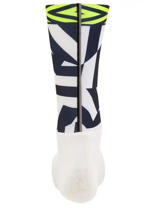 Men's cycling sock with bold black, white, and neon yellow geometric design, breathable mesh toe