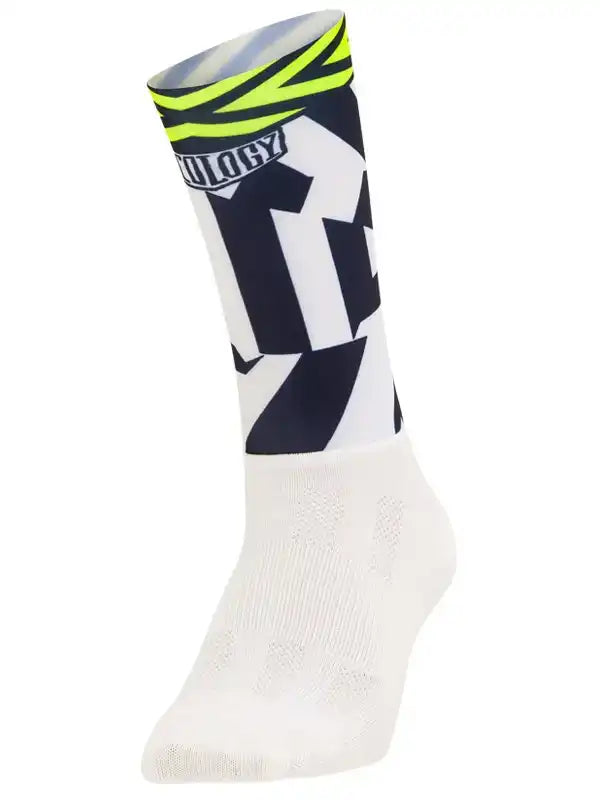 Cycling sock with bold black and white graphic, neon yellow accents, and breathable mesh toe