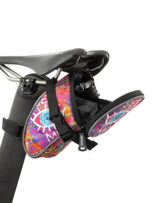 Colorful graffiti-style cycling saddle bag with zipper, attached to bike seat for storage