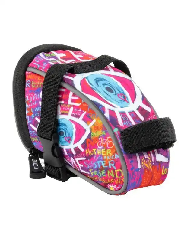 Colorful cycling saddle bag with eye graphics and friendship words, ideal for bike rides