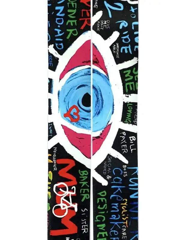 Colorful cycling shorts with bold graffiti-style eye design and text, perfect for men's and women's bike rides.