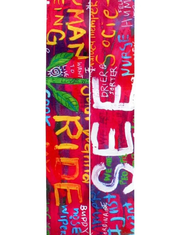 Vibrant graffiti-style cycling apparel with bold text and leaf motifs, ideal for urban rides.