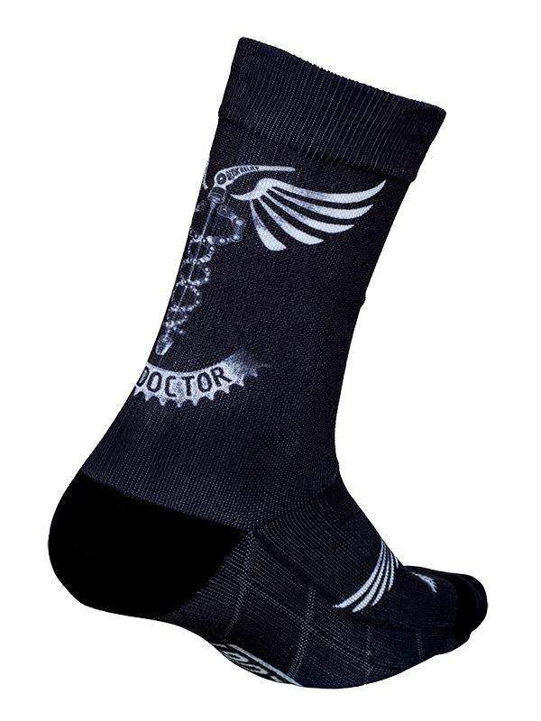 Black cycling sock with white winged 'Doctor' graphic, ideal for men's and women's bike rides