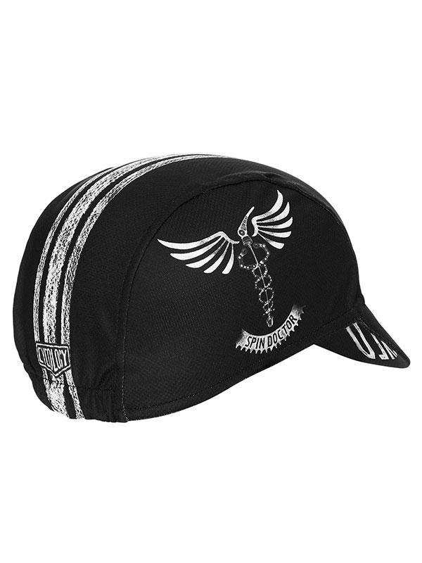 Black cycling cap with white winged caduceus and 'SPIN DOCTOR' design, ideal for men's and women's bike rides.