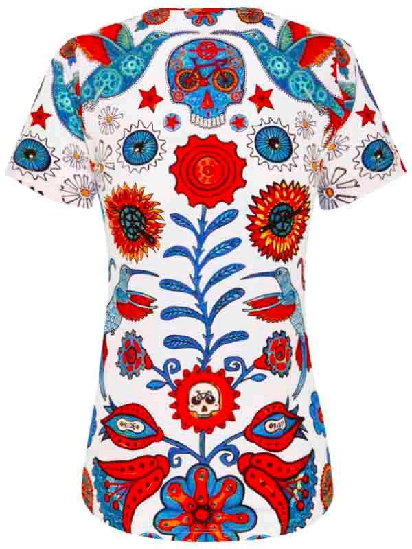 Vibrant floral and skull print cycling jersey with hummingbirds, sunflowers, and gears on white background