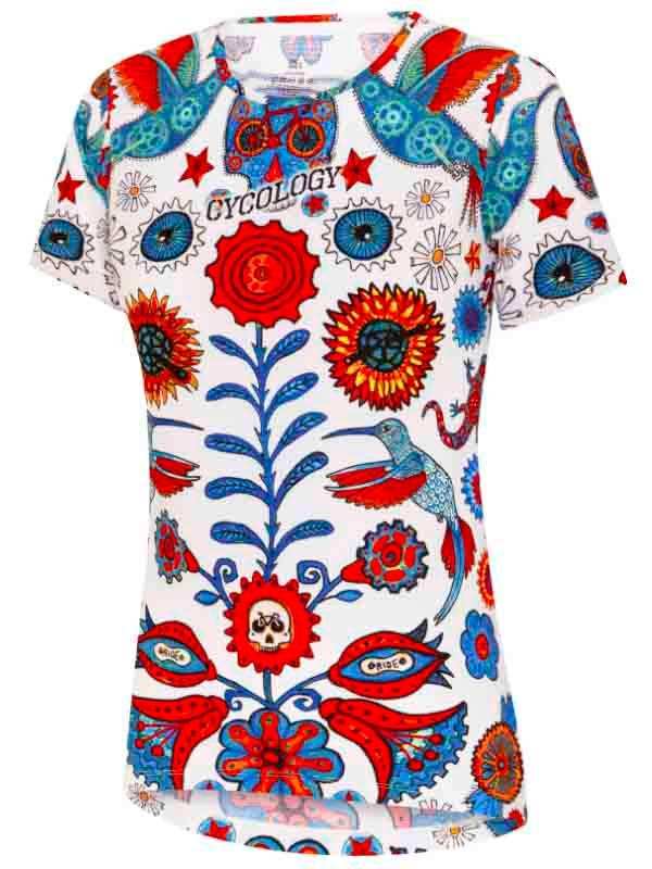 Women's cycling jersey with vibrant floral and bird print, featuring bold red and blue designs for active rides.