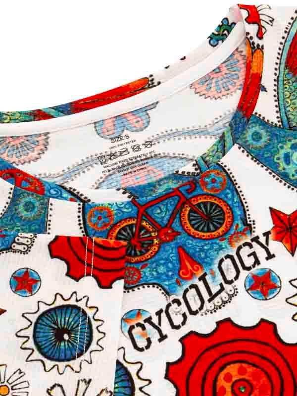 Colorful cycling jersey with bike and gear print, 'CYCOLOGY' text, and vibrant patterns for cyclists.