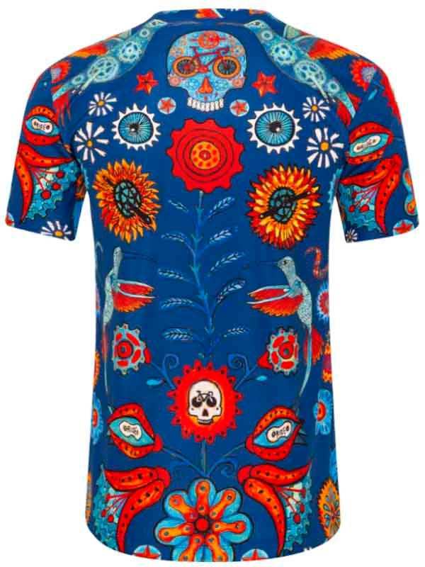 Vibrant blue cycling jersey with floral, skull, and hummingbird print for men or women