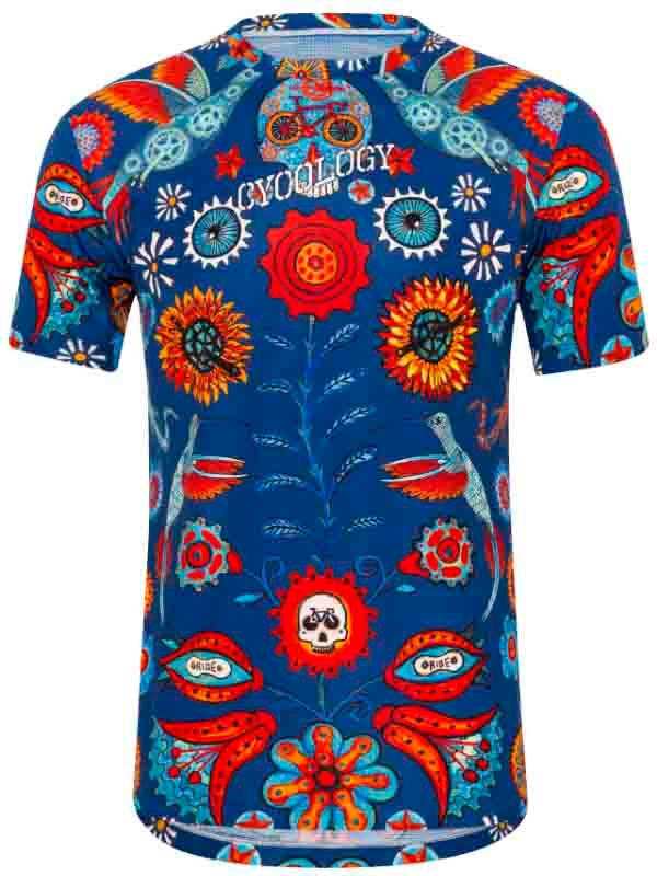 Men's cycling jersey with vibrant floral and gear print, featuring bold red sunflowers and blue accents on dark blue fabric.