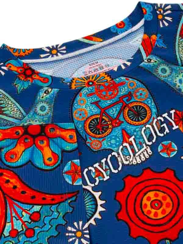 Vibrant blue cycling jersey with bold red and orange gear, bike, and floral patterns for men and women.