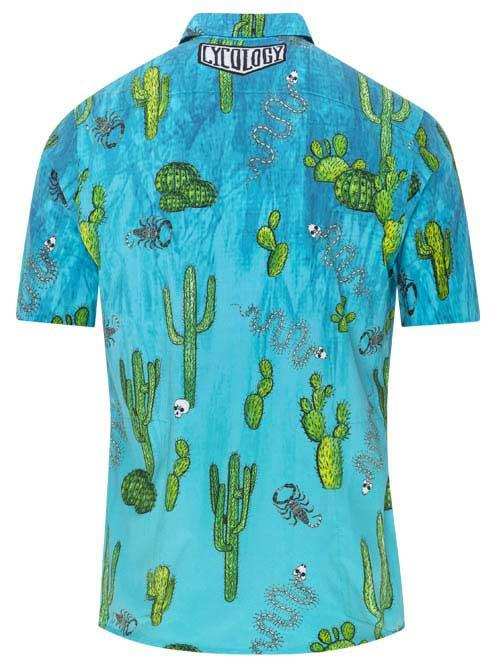Blue cycling shirt with cactus, scorpion, and skull print, short-sleeve design for men or women