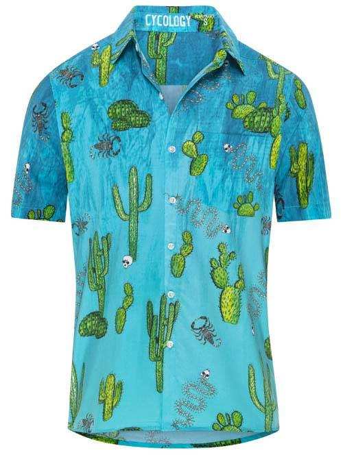 Men's turquoise cycling shirt with cactus and desert print, button-front design for casual or ride wear