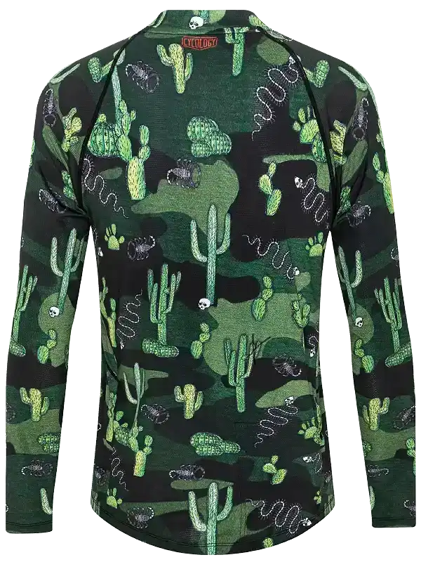 Men's long sleeve cycling jersey with cactus and skull print, green camouflage design