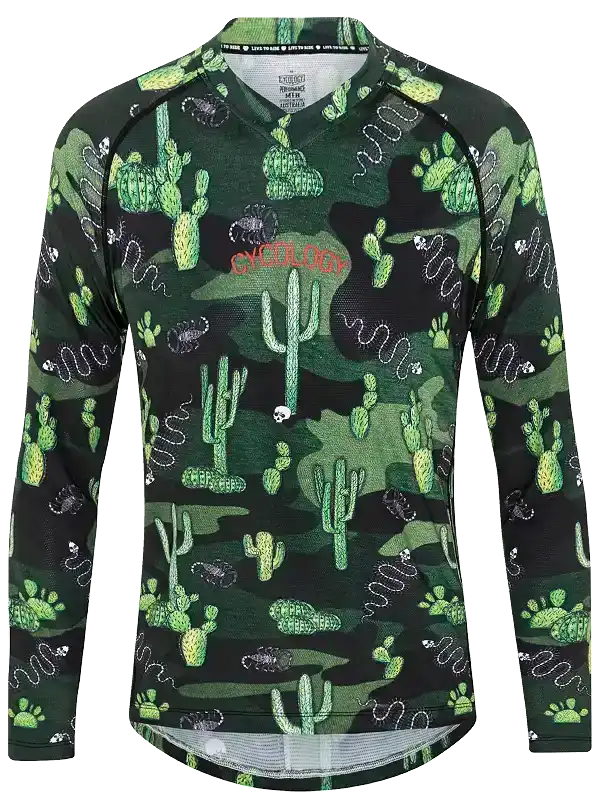 Men's long sleeve cycling jersey with cactus and desert print, breathable fabric for bike rides