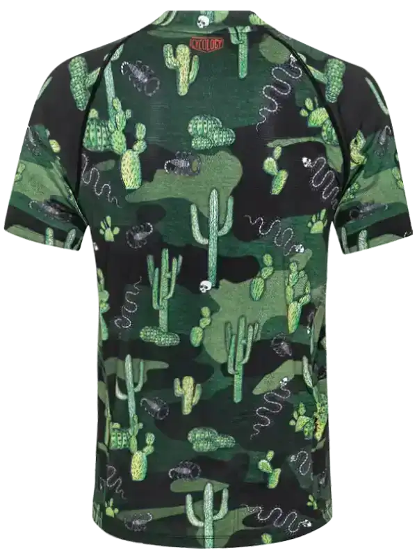 Men's cycling jersey with cactus and desert print, green camo design for bike rides