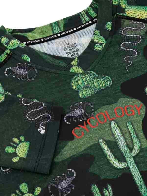 Men's cycling jersey with cactus and scorpion print, green desert design, 'LIVE TO RIDE' tag