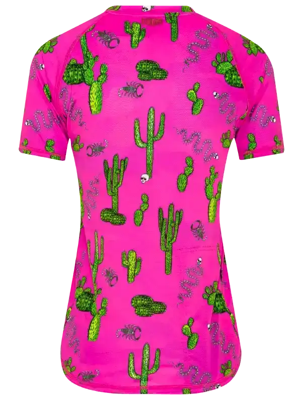 Bright pink women's cycling jersey with green cactus and snake print, breathable fabric design
