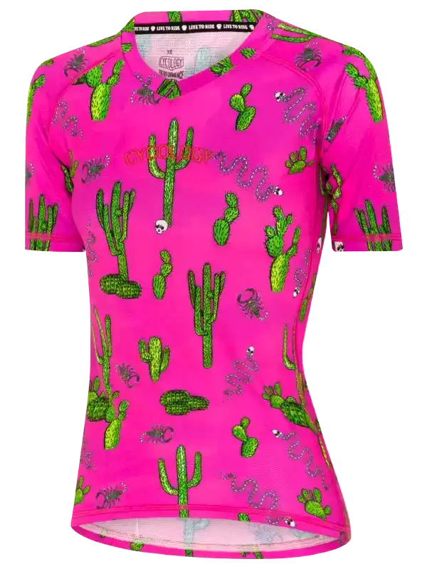 Pink women's cycling jersey with cactus and snake print, breathable fabric, short sleeves