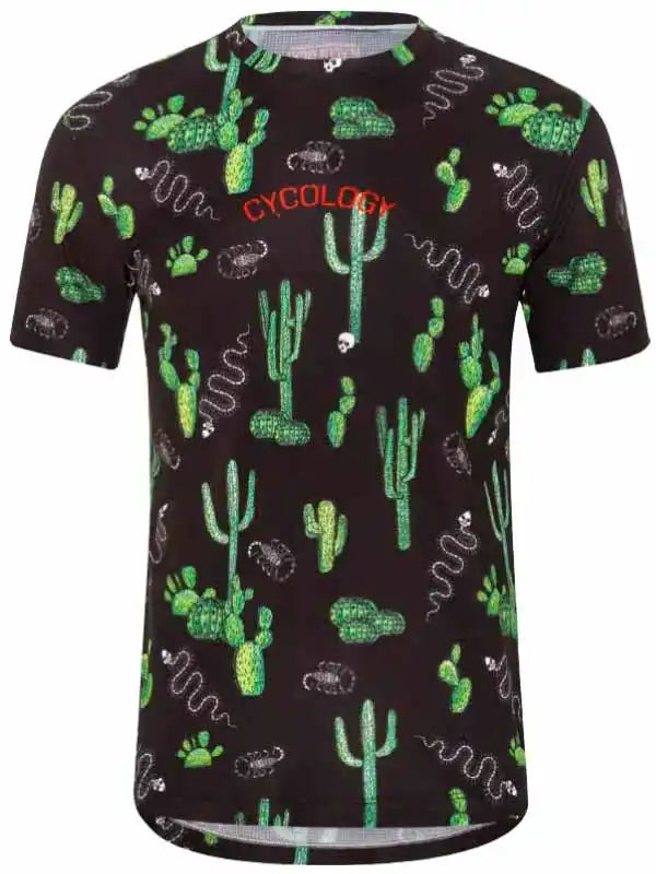 Men's cycling jersey with cactus and snake print, breathable fabric, unique desert design for bike rides