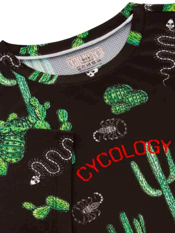 Black cycling jersey with green cactus, scorpion, and snake print, red 'CYCOLOGY' text