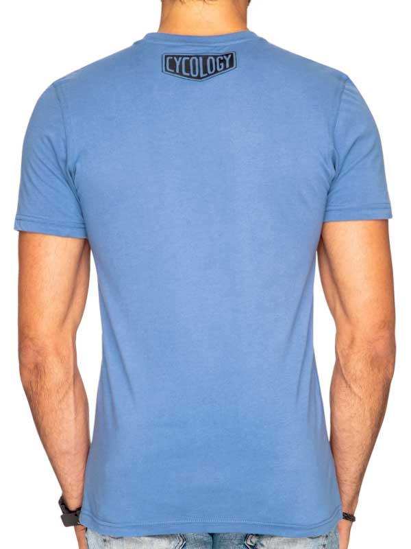 Men's blue cycling t-shirt with 'CYCOLOGY' logo on back, ideal for casual or ride wear