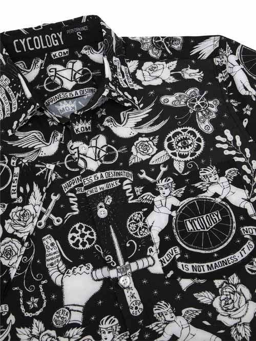 Black cycling shirt with white tattoo-style graphics, bikes, roses, and angels for men's & women's ride wear