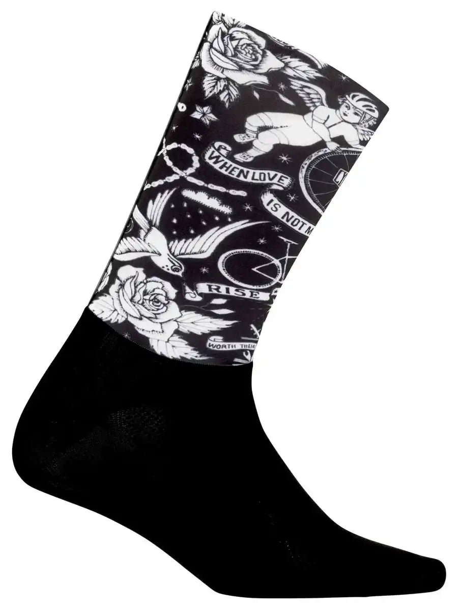 Black cycling sock with white tattoo-style design featuring roses, cherub, bike, and 'When Love Is Not Worth The Ride' text