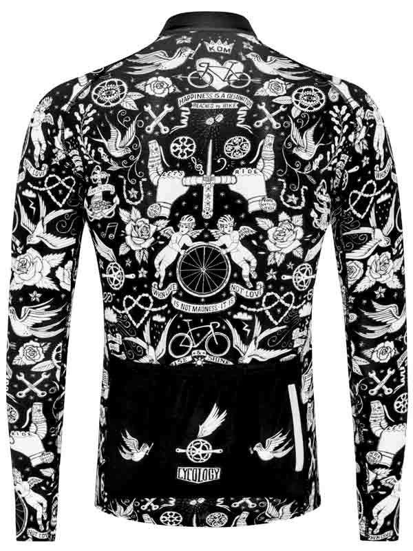 Black and white long-sleeve cycling jersey with tattoo-style graphics, roses, bikes, and wings